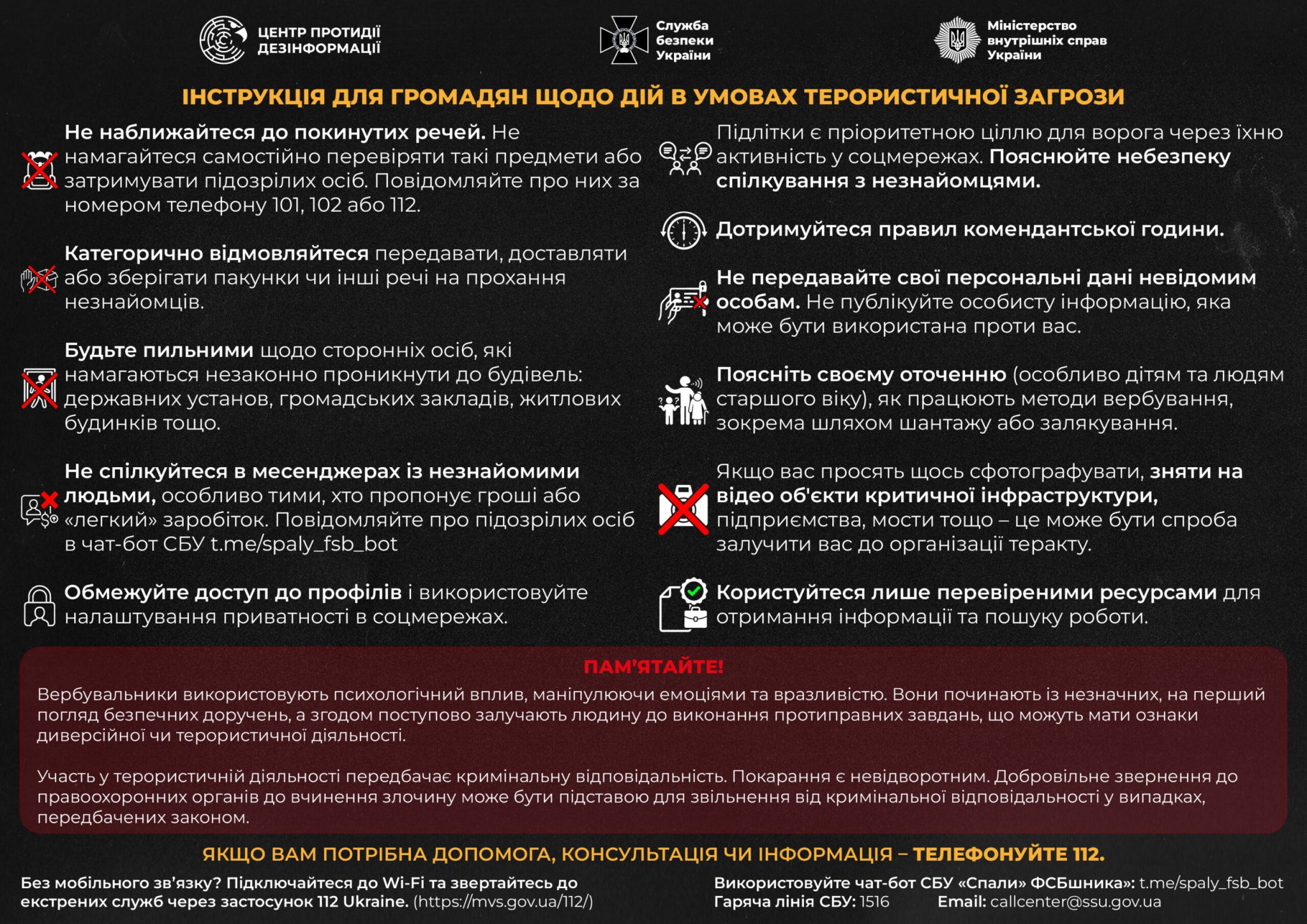 Інструкція для громадян щодо дій в умовах терористичної загрози